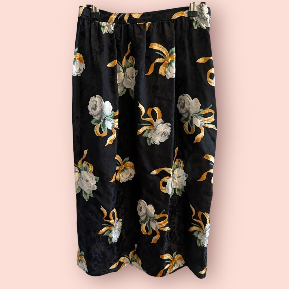 Vintage 100% Silk Black Floral Midi Skirt | Romantic Satin Flowy Midi Skirt